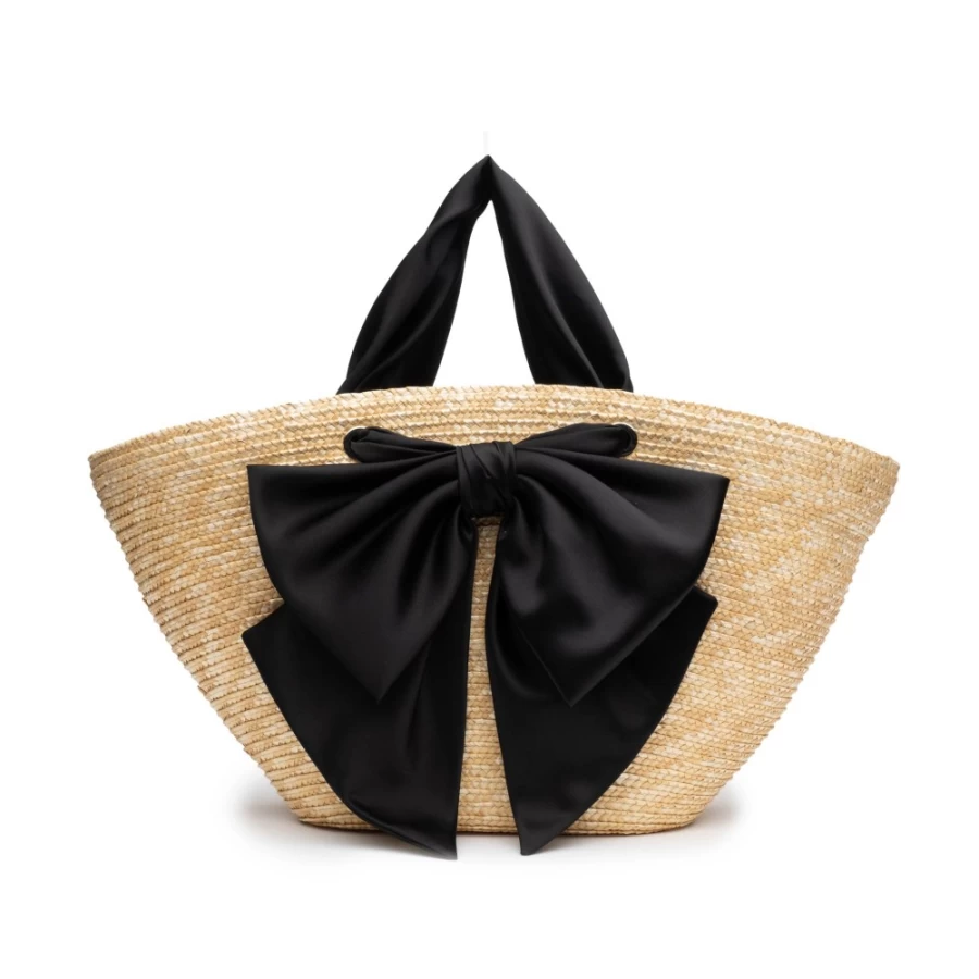 Eugenia Kim Carlotta Neutral Straw Tote Bag with Black Satin Bow for Women