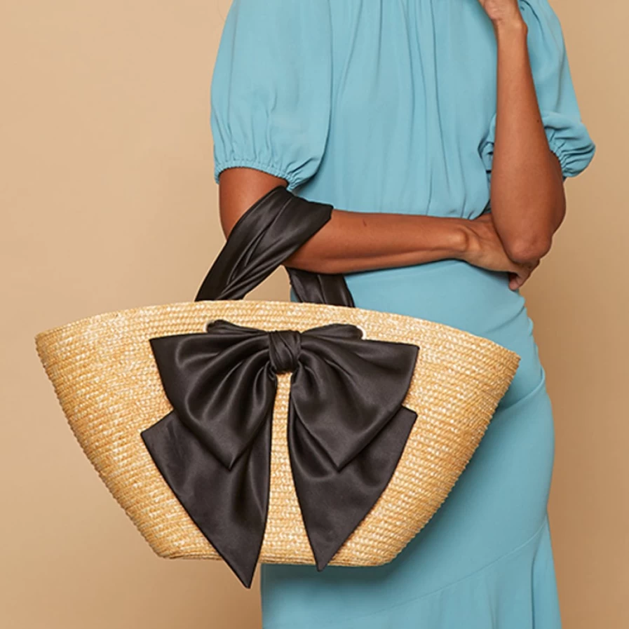 Eugenia Kim Carlotta Neutral Straw Tote Bag with Black Satin Bow for Women