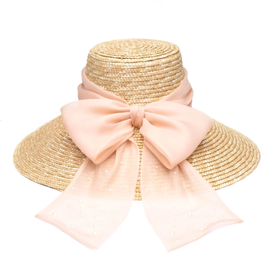 Eugenia Kim Mirabel Pink Women's Hat with Blush Bow & Pearls Natural Straw