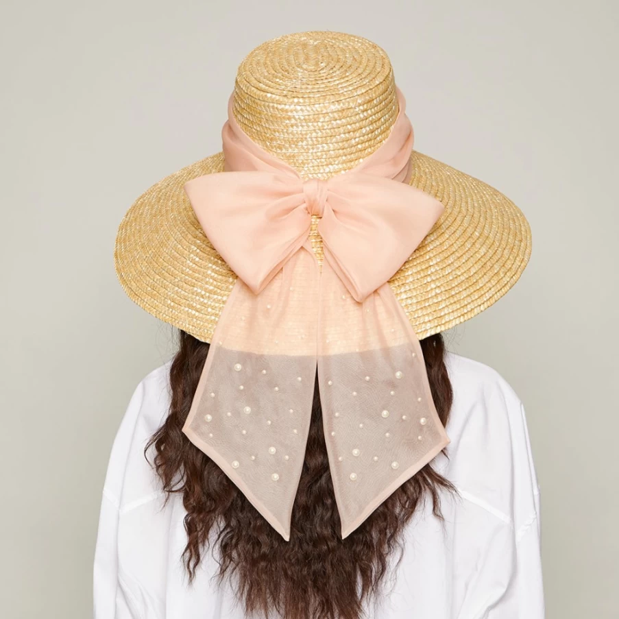Eugenia Kim Mirabel Pink Women's Hat with Blush Bow & Pearls Natural Straw