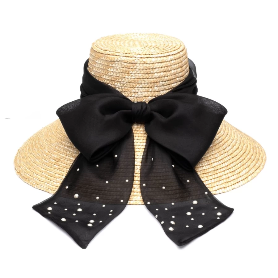 Eugenia Kim Mirabel Black Women's Hat with Bow & Pearls Natural Style