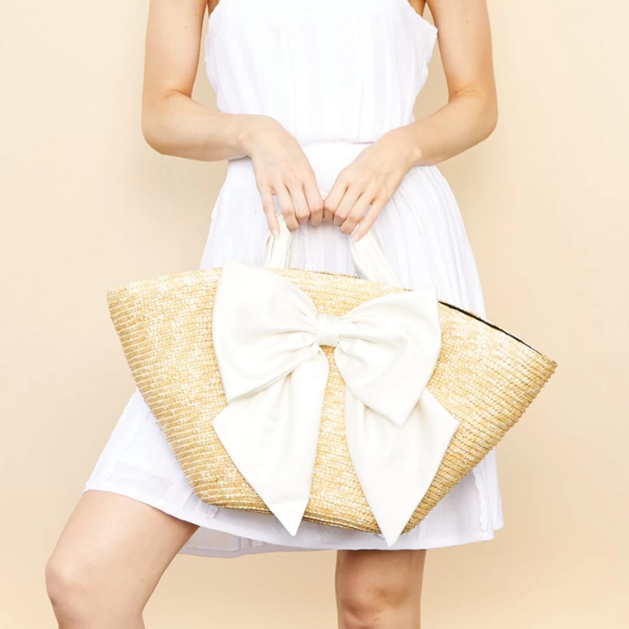 Eugenia Kim Women's Ivory Carlotta Straw Tote Bag with Satin Bow
